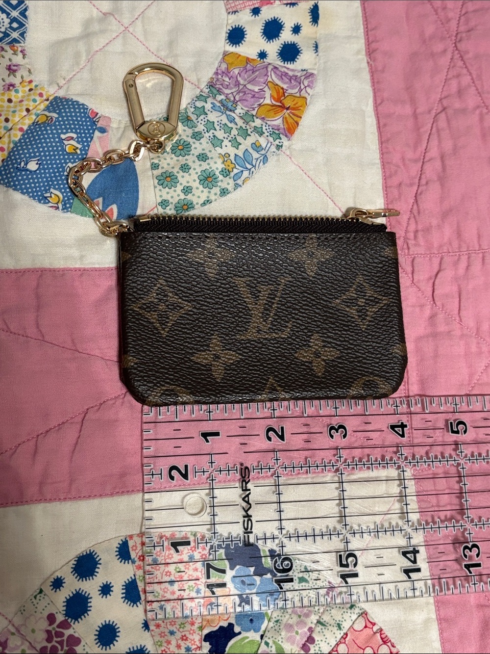 Luxury Monogram Key Pouch with Gold Chain - Brown